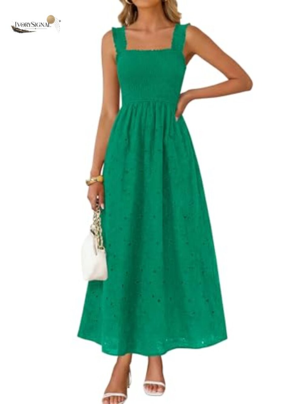 Lace Eyelet Maxi Sundress Smocked Waist Pockets Sleeveless Cotton